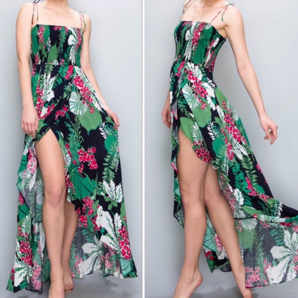 🆕Green Hot Pink White Blue Floral Smocked Shoulder Tie Maxi Dress High Split